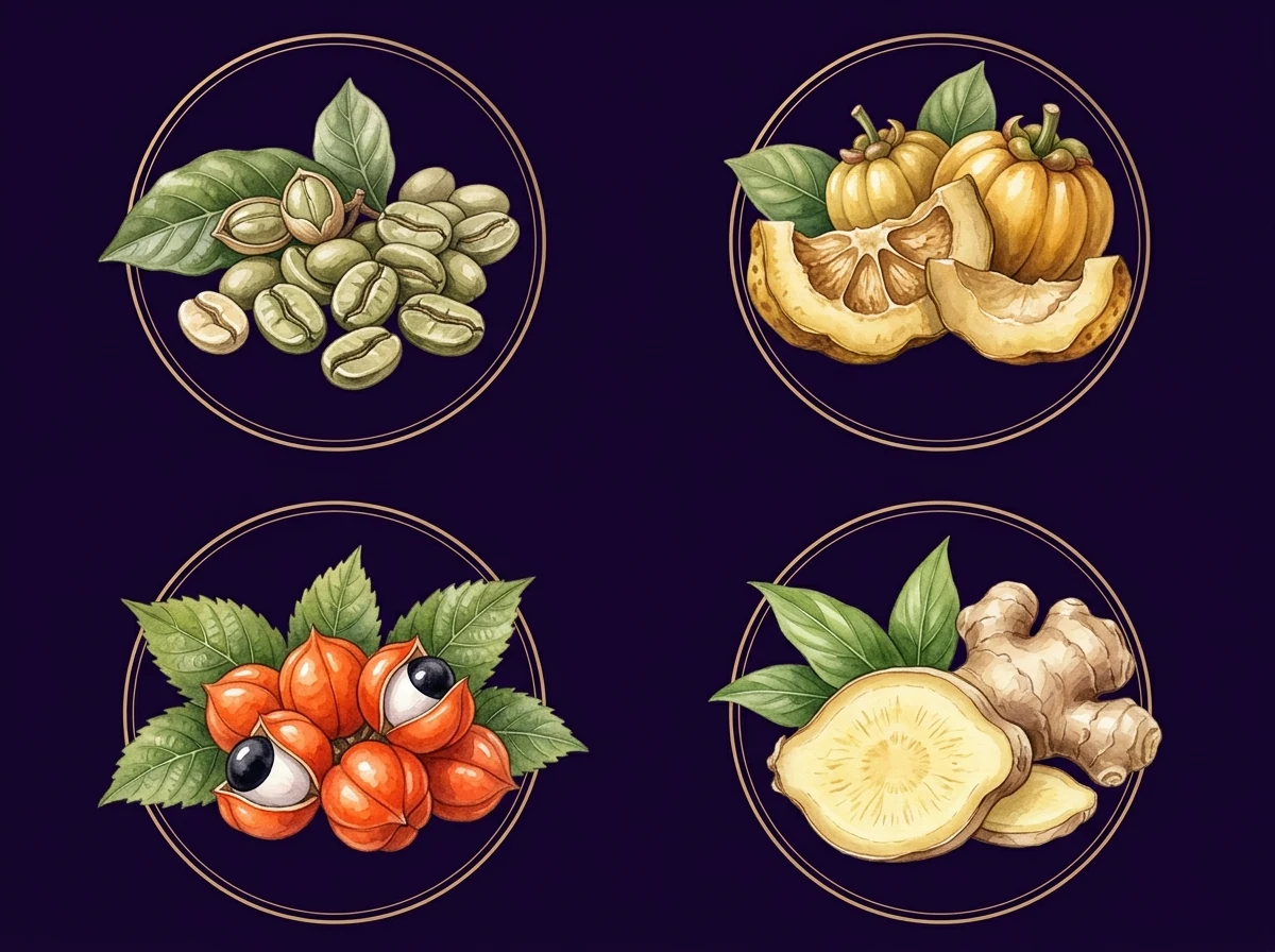 Botanical illustration of green coffee, garcinia cambogia, guarana and ginger extracts